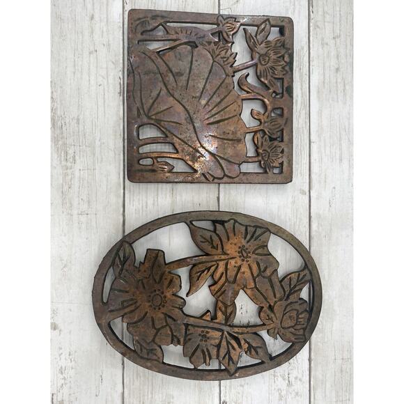 2 Vintage Copper and Cast Iron Floral Trivet Hot Dish Holders SET OF 2 - Picture 12 of 12